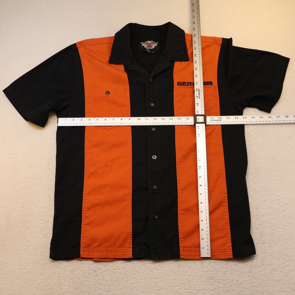 Harley-Davidson Mens Large Button Up Shirt Black Orange Racing Stripe 96465-10VM - Picture 2 of 6
